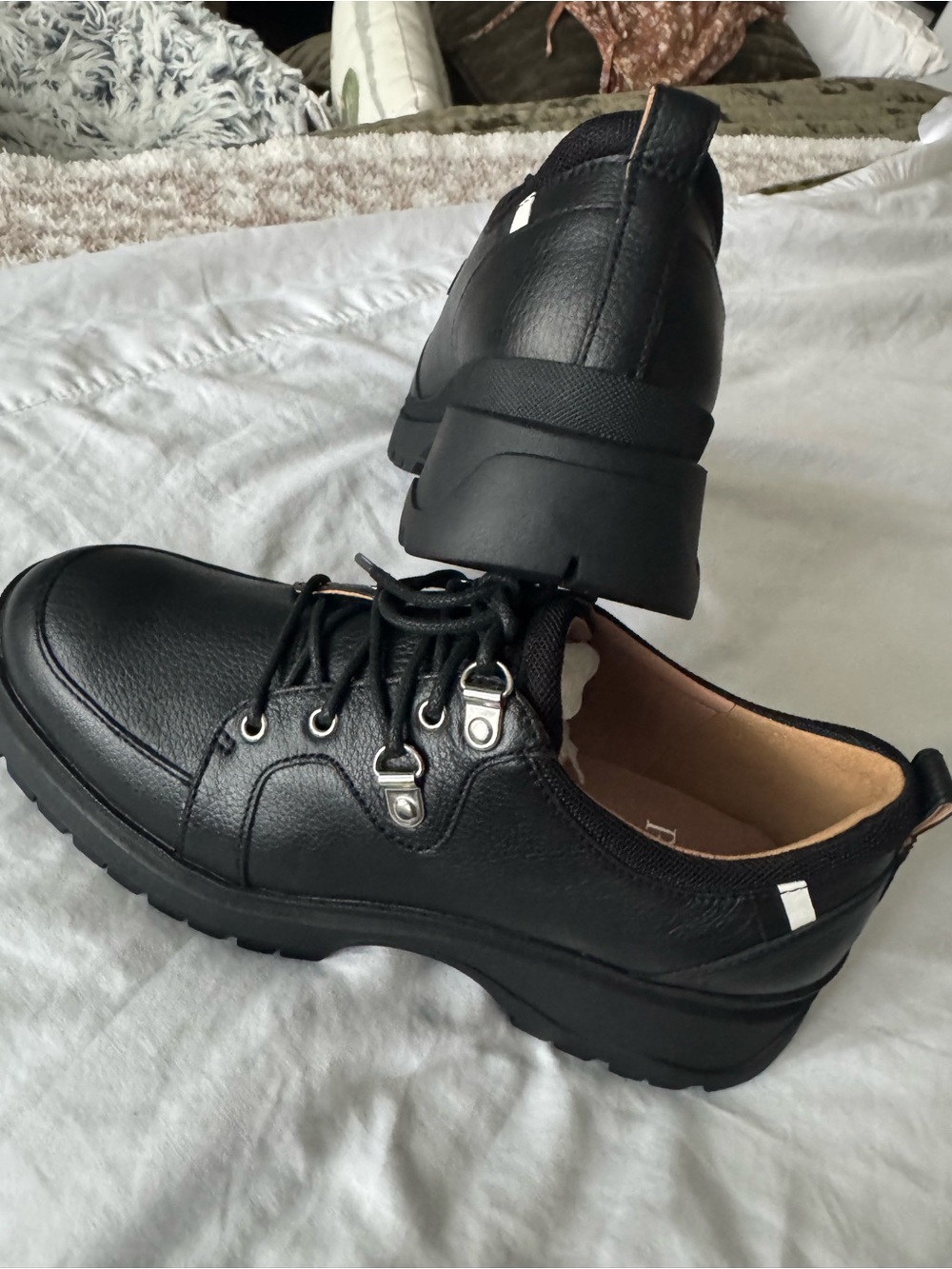 Black Leather Lug-Soled Lace-Up Boots with Silver Hardware - Picture 2 of 6